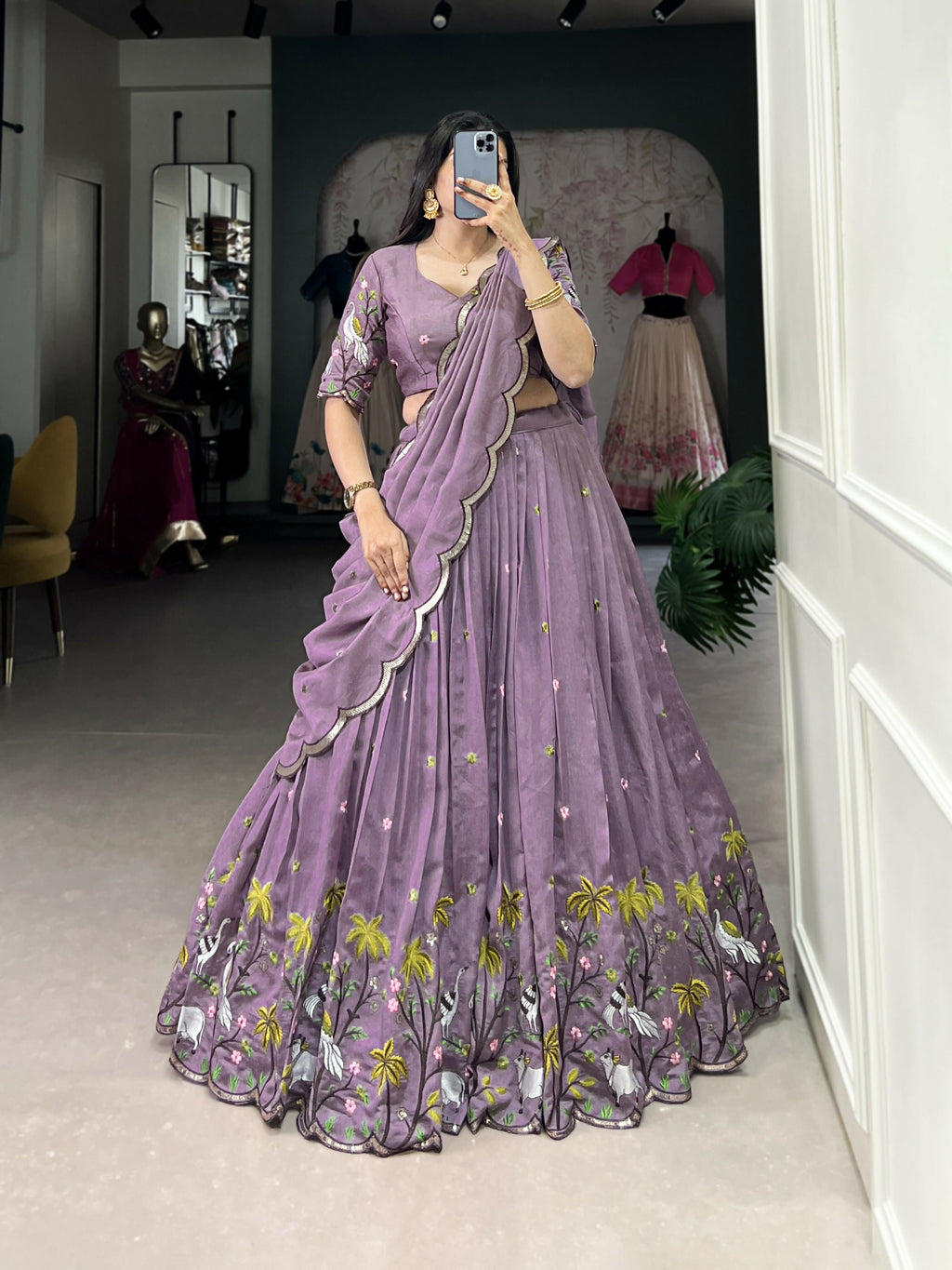 Lorenvalley Lavender Vichitra Simmer Sequins and Thread Embroidery Work Lehenga Choli
