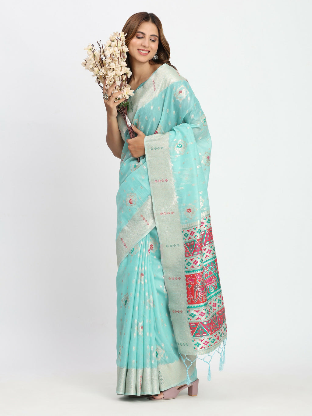 Shree Shyam Fashion Linen Cotton Sea Green Saree - Distacart