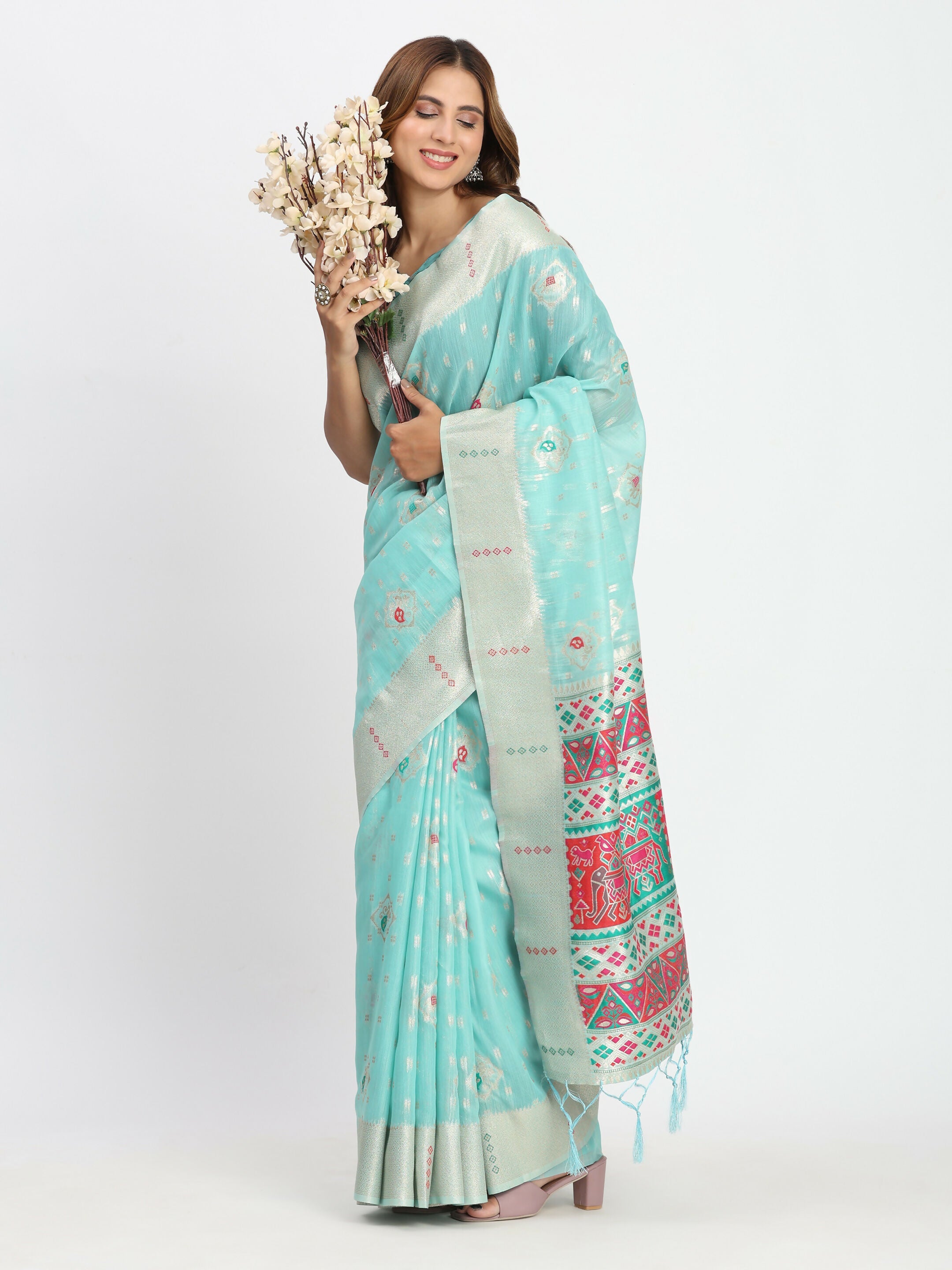 Shree Shyam Fashion Linen Cotton Sea Green Saree - Distacart