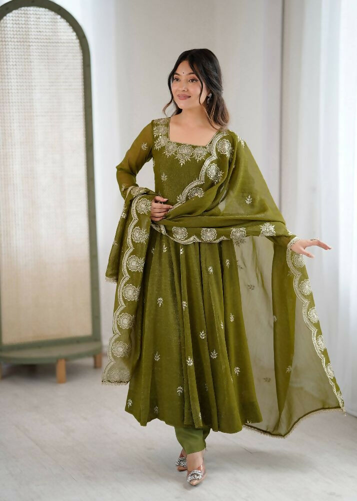 Teeya Creation Mehendi Color Crunchy Silk Embroidery Work Wedding Wear Gown - Distacart
