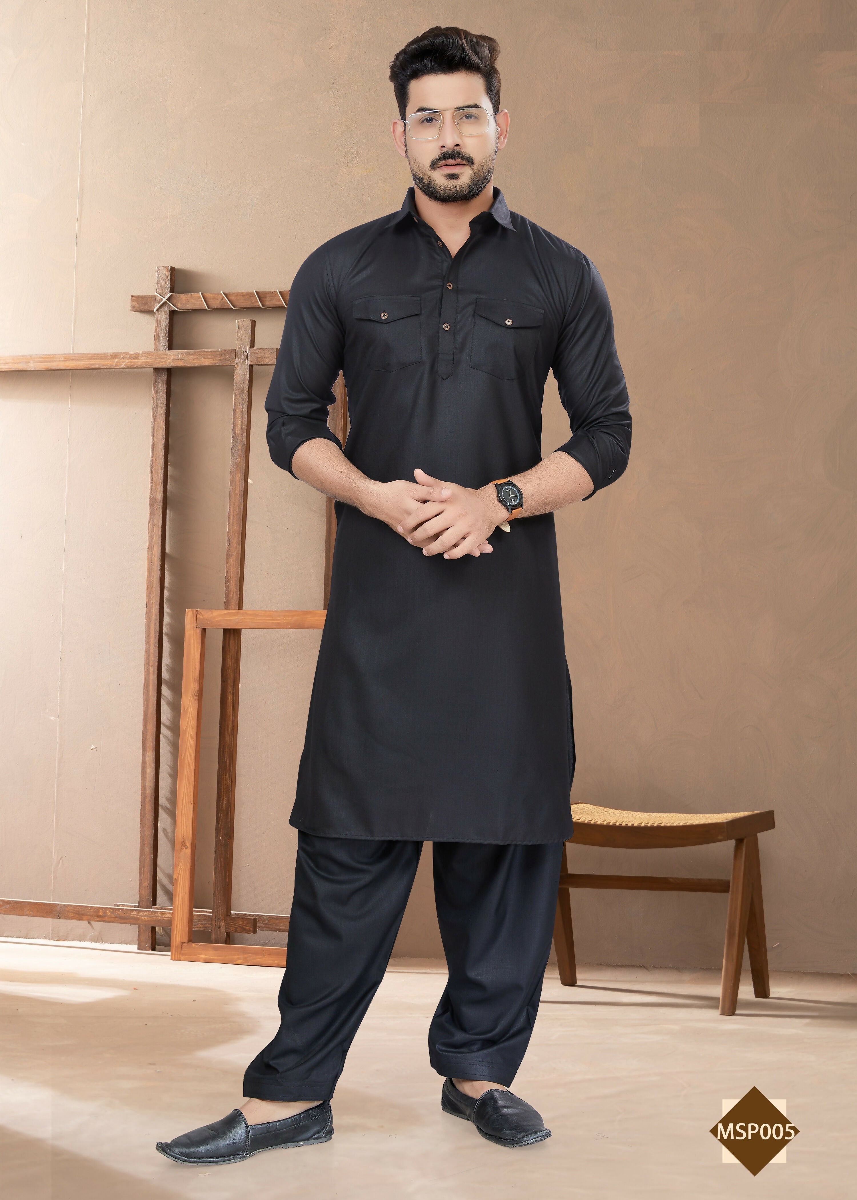 Joban Fashion Men's Black Heavy Cotton Plain Kurta Pyjama set
