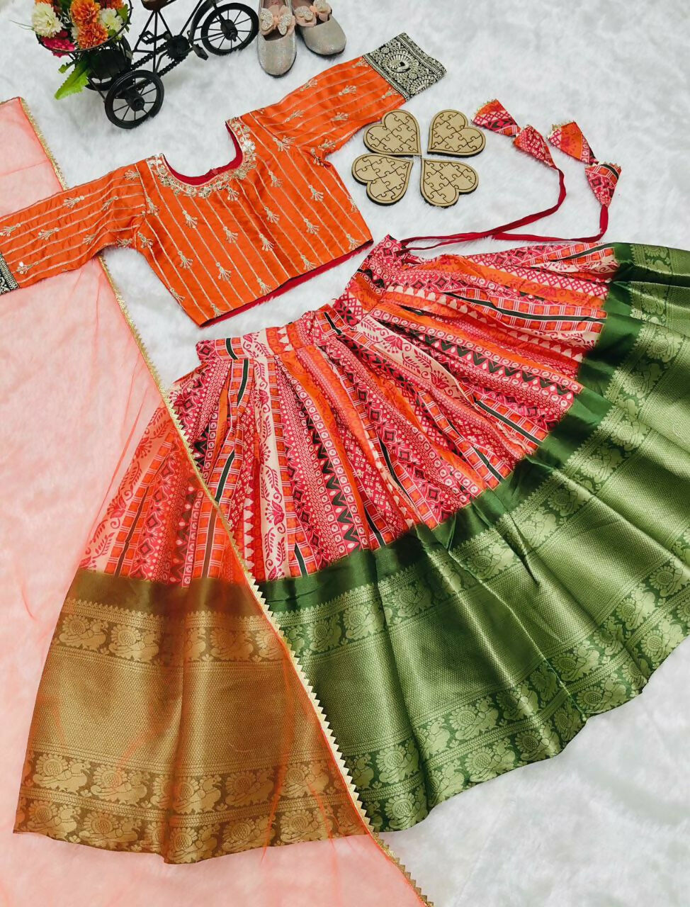 Jyoti Fashion Gorgeous Orange Pure Kota Silk Print with Zari Woven Kids Lehenga Choli Set