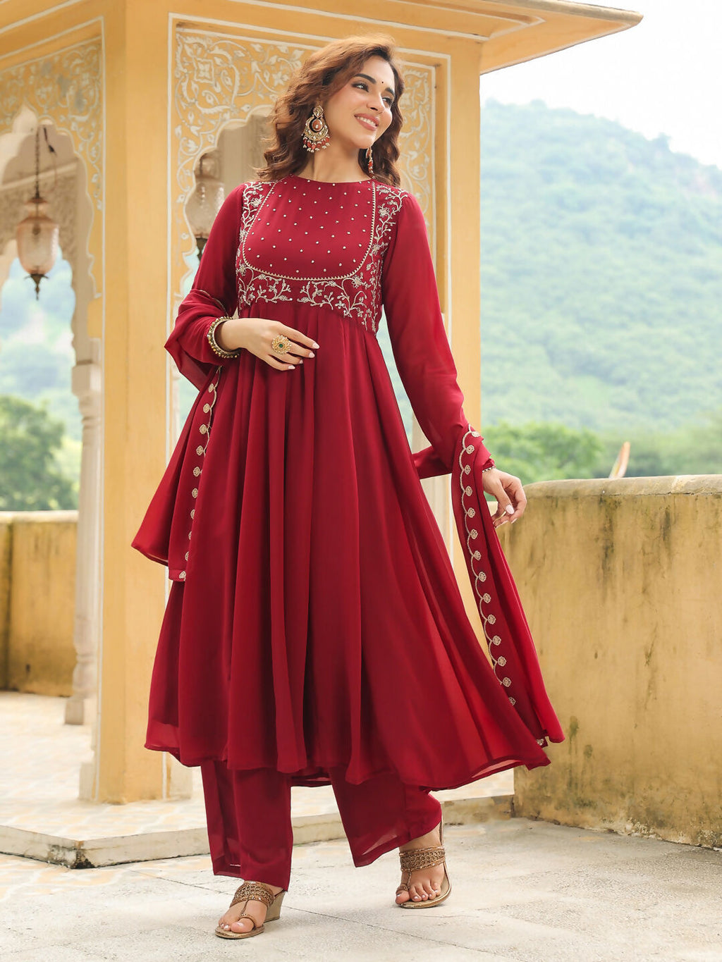Janasya Maroon Georgette Embroidered Kurta,Bottom & Dupatta