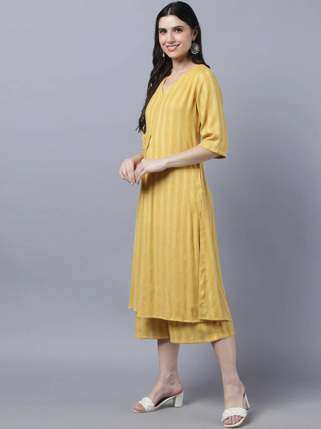 Myshka Stylish Yellow Cotton 3/4 Sleeve Women's Kurta Palazzo Set - Distacart