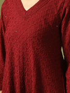 Myshka Women's Maroon Embroidered Cotton A-Line Party Kurta Set