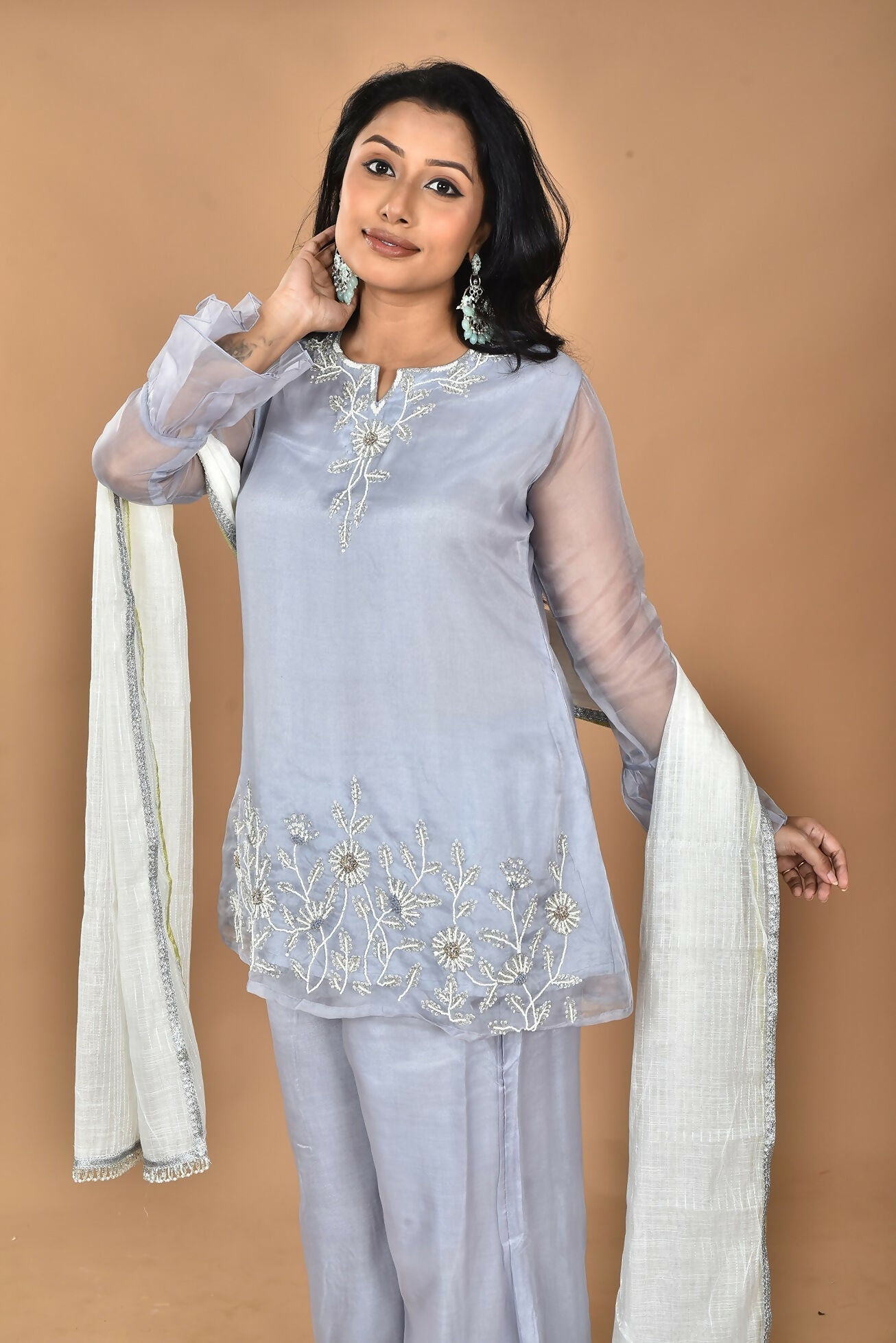 Morchari Women And Hand Embroidery Palazzo Set-Grey