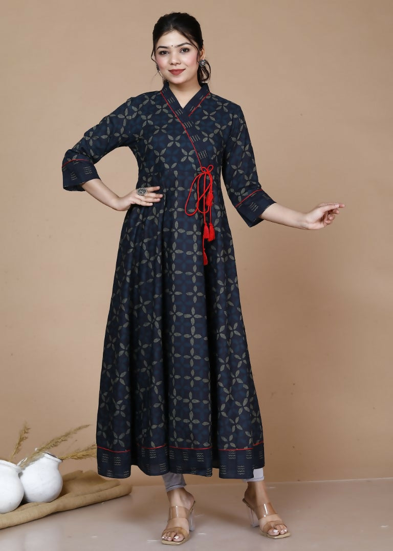Miravan Women's Abstract Print Ankle Length Angrakha Style Kurta