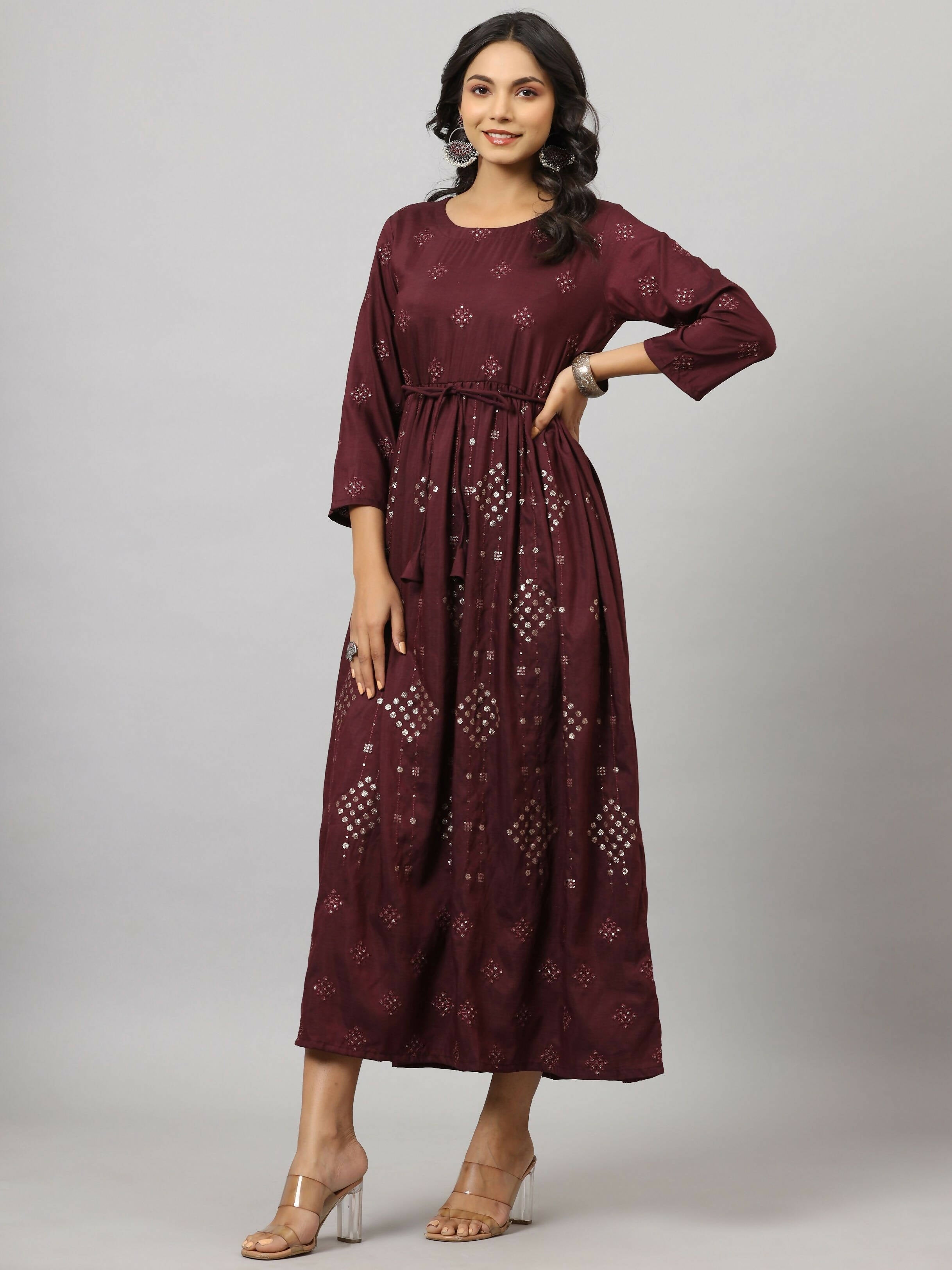 Juniper Women's Mauve Festive Printed Flared Dress - Distacart