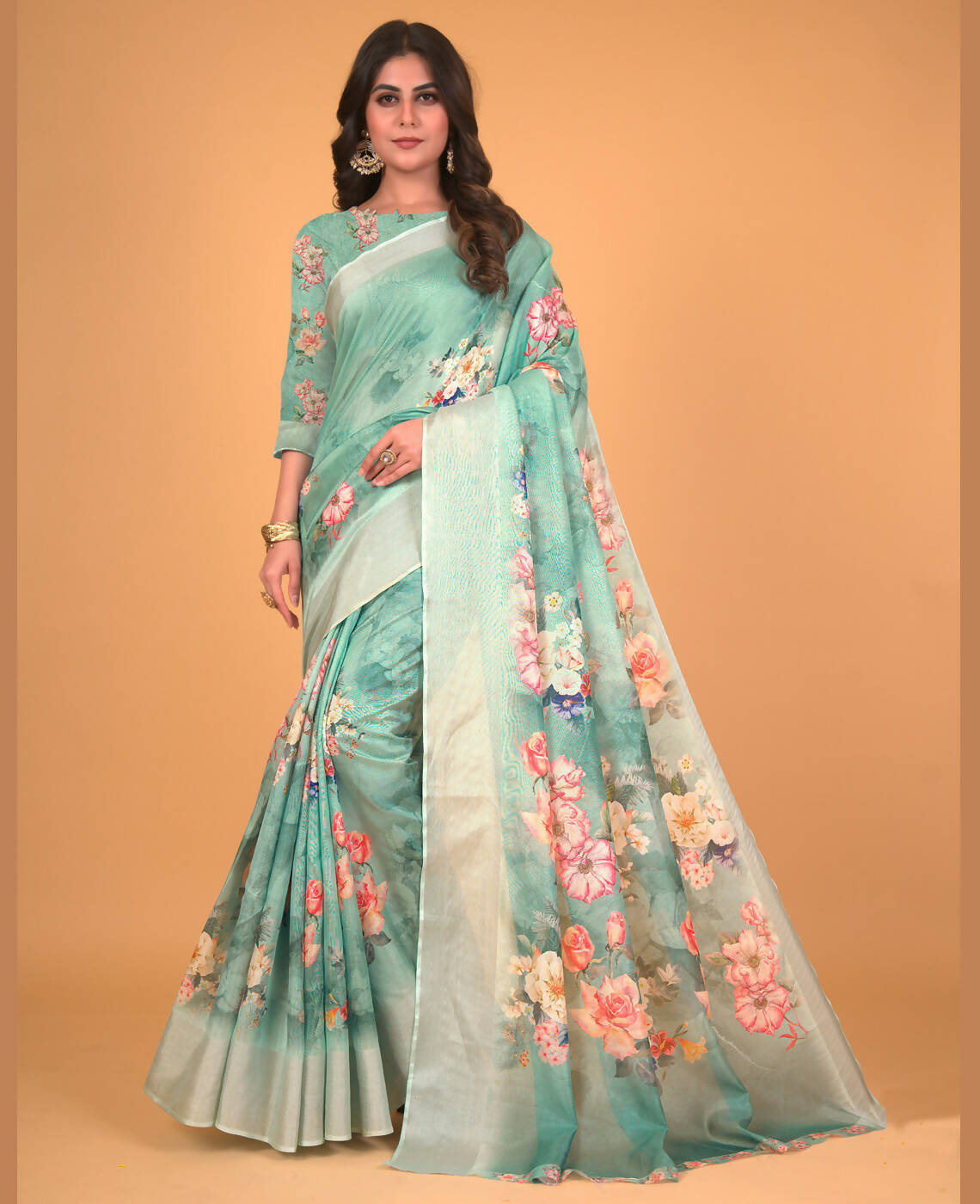Sea Green Cotton Silk Floral Printed Saree With Unstitched Blouse Piece - Akshita