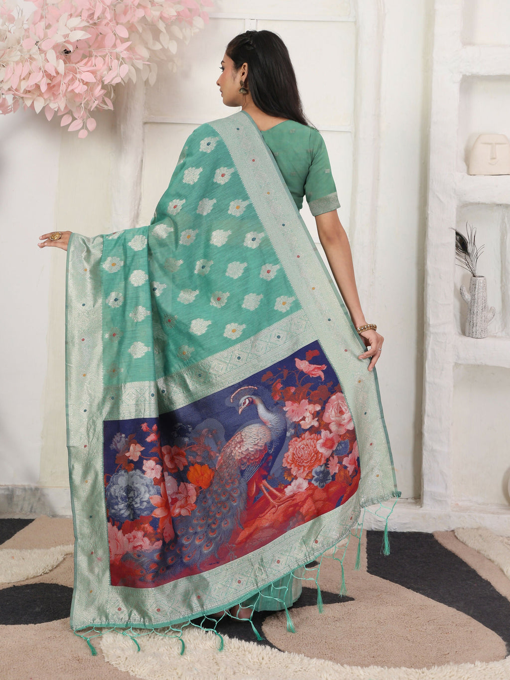 Shree Shyam Fashion Linen Cotton Rama Green Saree - Distacart