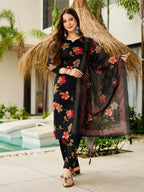 The52 Black Women's Gorgeous Printed Silk Blend Fabric Straight Kurta, Pant and Dupatta Set - Distacart