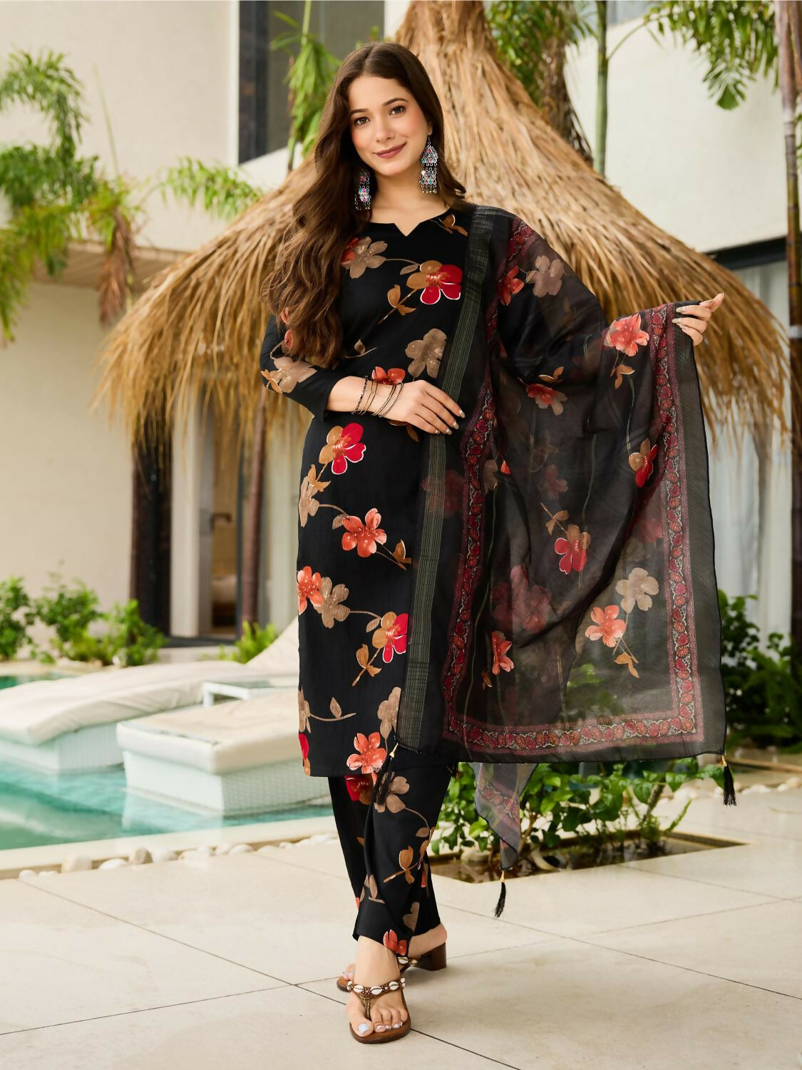 The52 Black Women's Gorgeous Printed Silk Blend Fabric Straight Kurta, Pant and Dupatta Set - Distacart