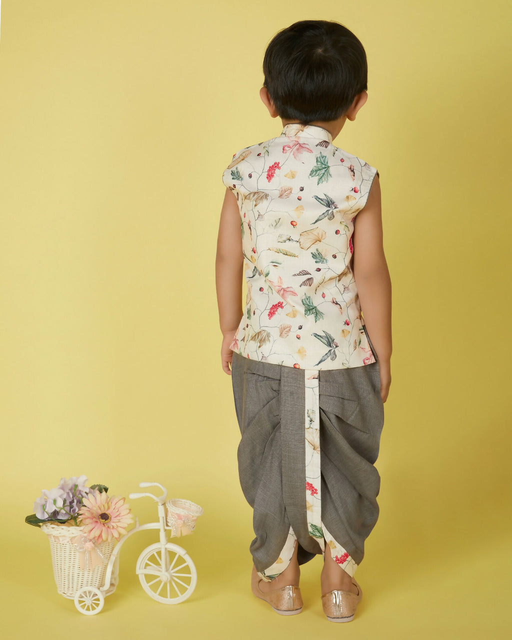 Joban Fashion Kids Island Cotton Sleeveless printed Kurta and Solid Dhoti - Cream - Distacart