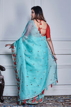 Morchari Green Supernet Cross Stitched Embroidery Saree Unstitched Blouse - Distacart
