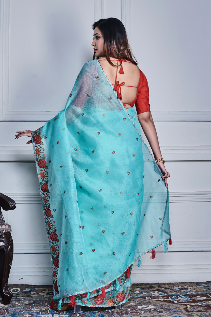 Morchari Green Supernet Cross Stitched Embroidery Saree Unstitched Blouse - Distacart
