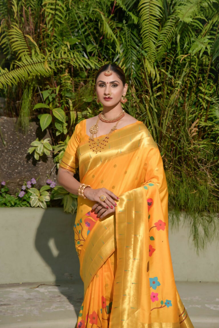 Jyoti Fashion Women's Yellow Paithani Silk Zari Woven Saree with Blouse