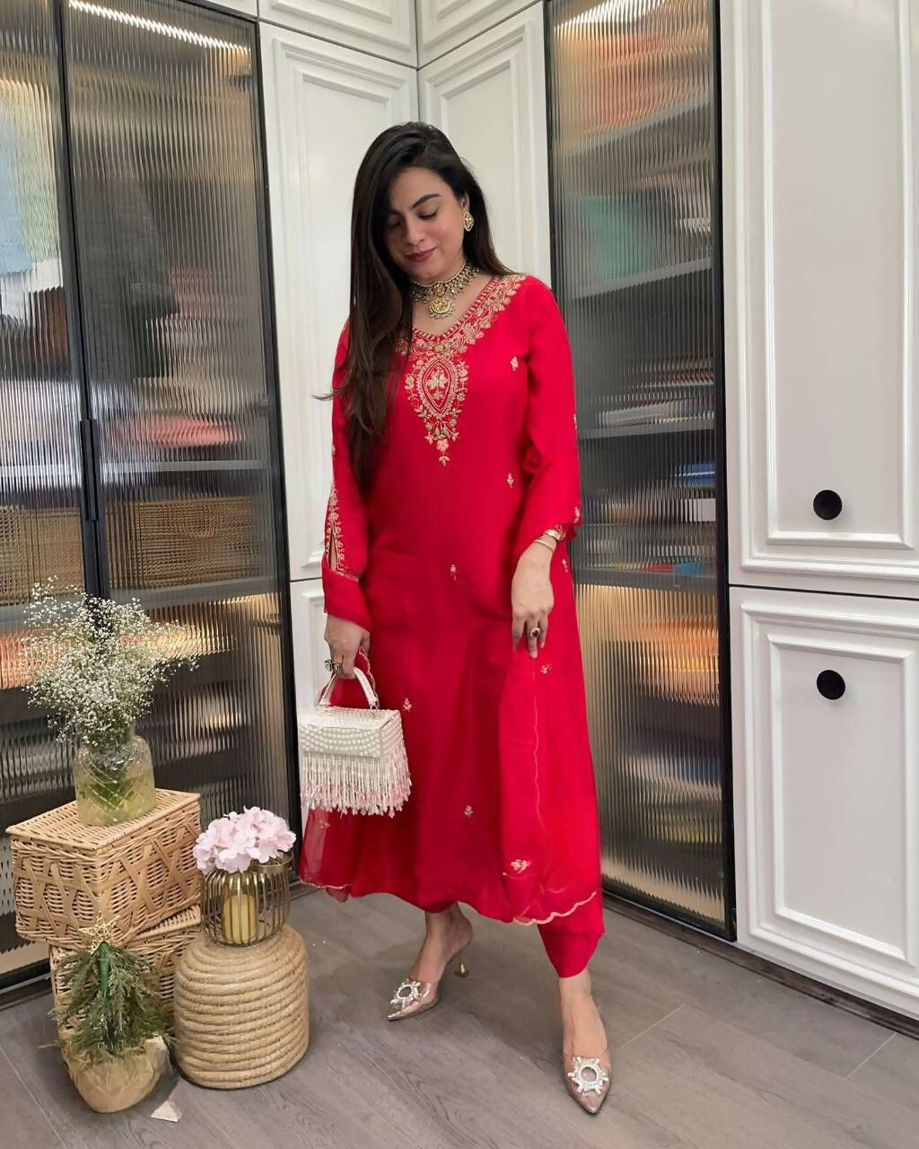 The52 Red Beautiful Embroidered Rayon Fabric Straight Kurta Pant with Dupatta Set - Distacart