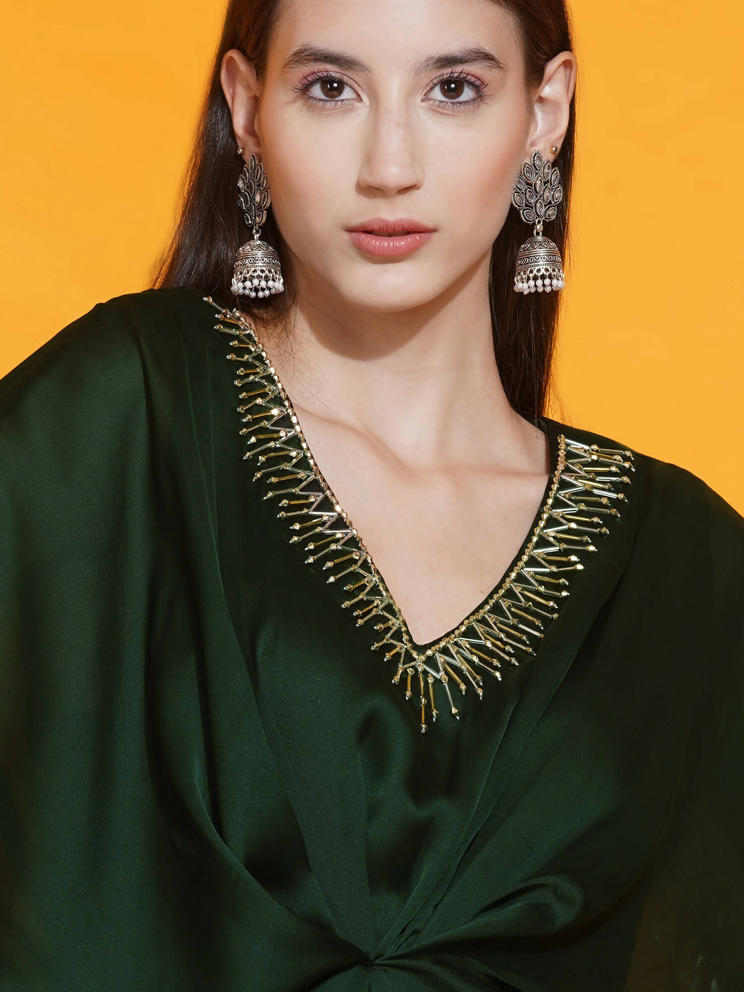 Women Republic Green Georgette Hand Embellished Kaftan Style Gown - Distacart