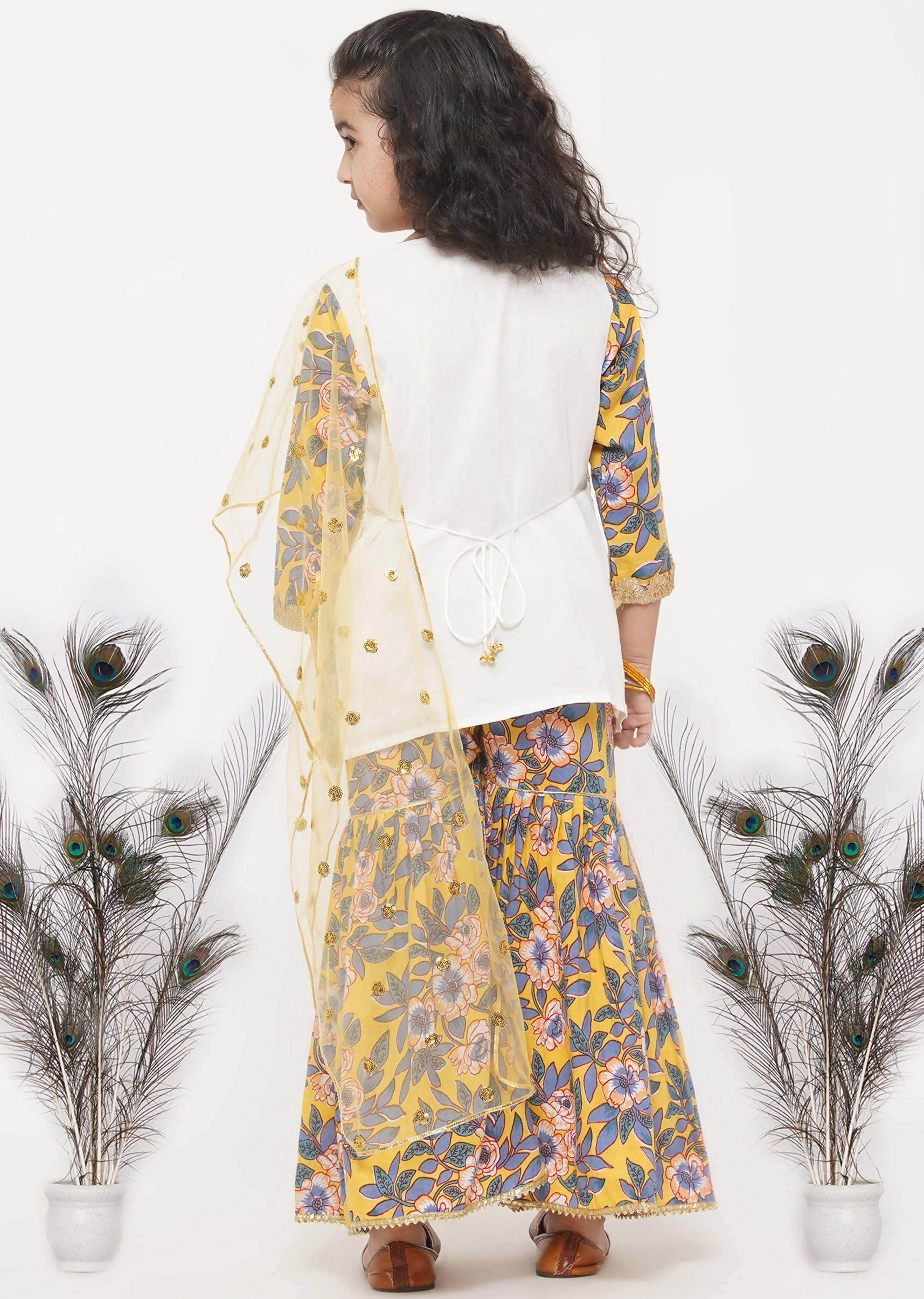 Little Bansi Girls Cotton Embroidery Kurta with Floral Sharara & Dupatta - White & Yellow