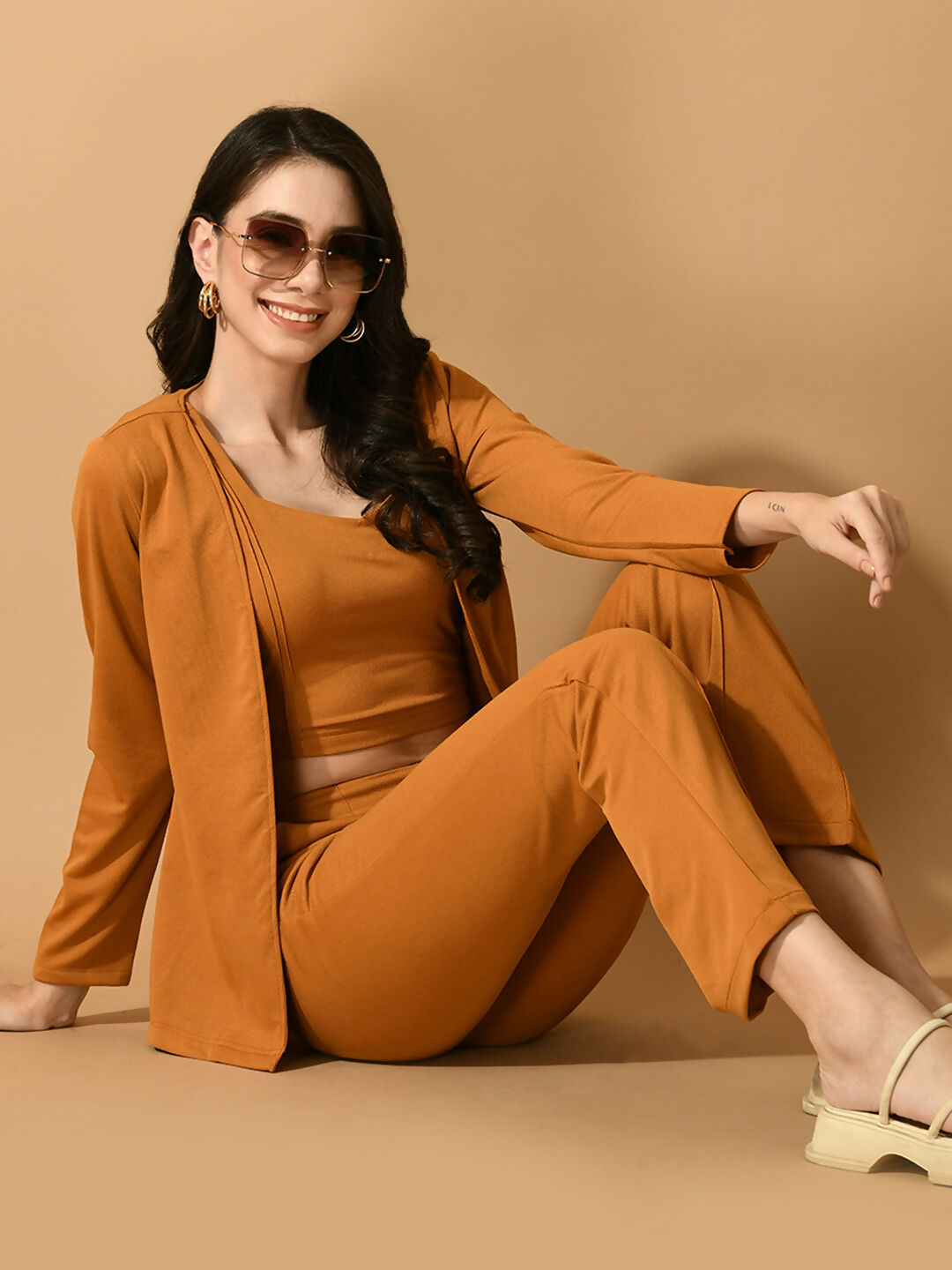 Myshka Women's Mustard Solid Coat With Trousers