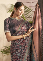 Purple Gajji Silk Floral Print with Hand work Border Saree - Norita Nirvi