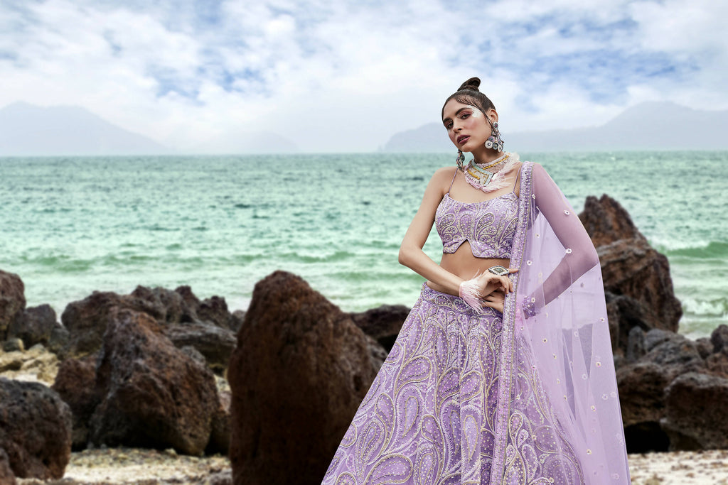 House of Panchhi Mauve Net Multi Sequins with heavy Zarkan embroidery Lehenga choli & Dupatta