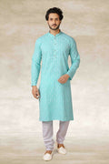 Raivat Ethnic Cotton Printed Work Kurta Pajama In Sky Blue Colour
