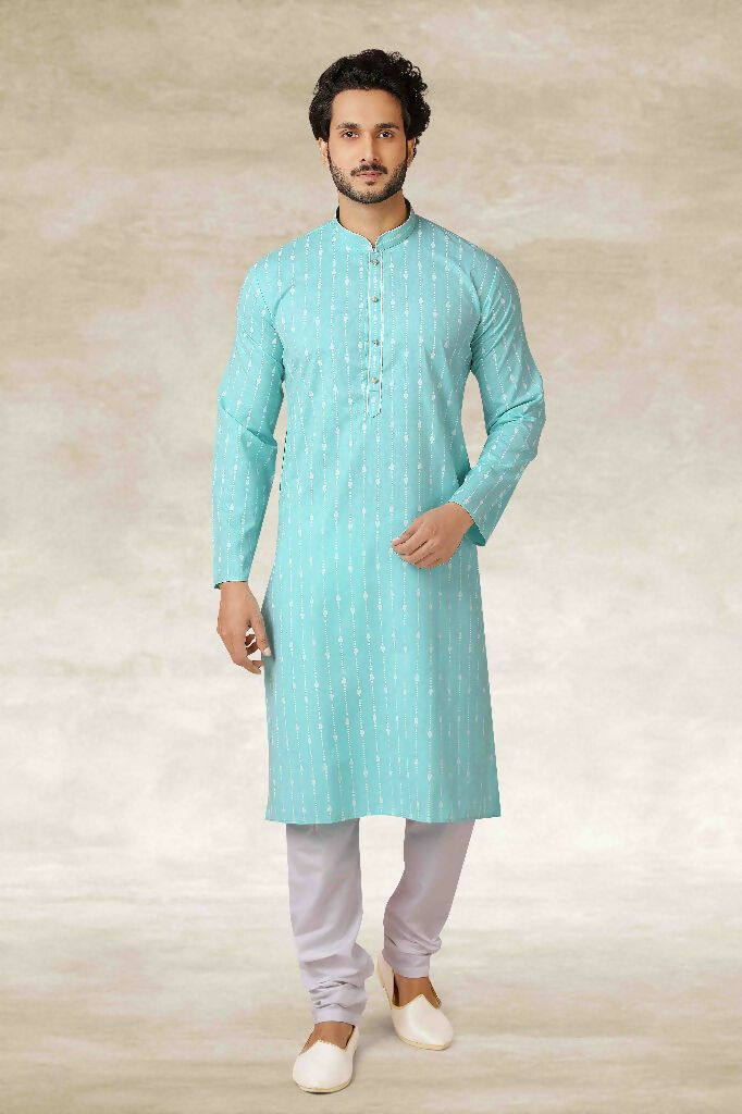 Raivat Ethnic Cotton Printed Work Kurta Pajama In Sky Blue Colour