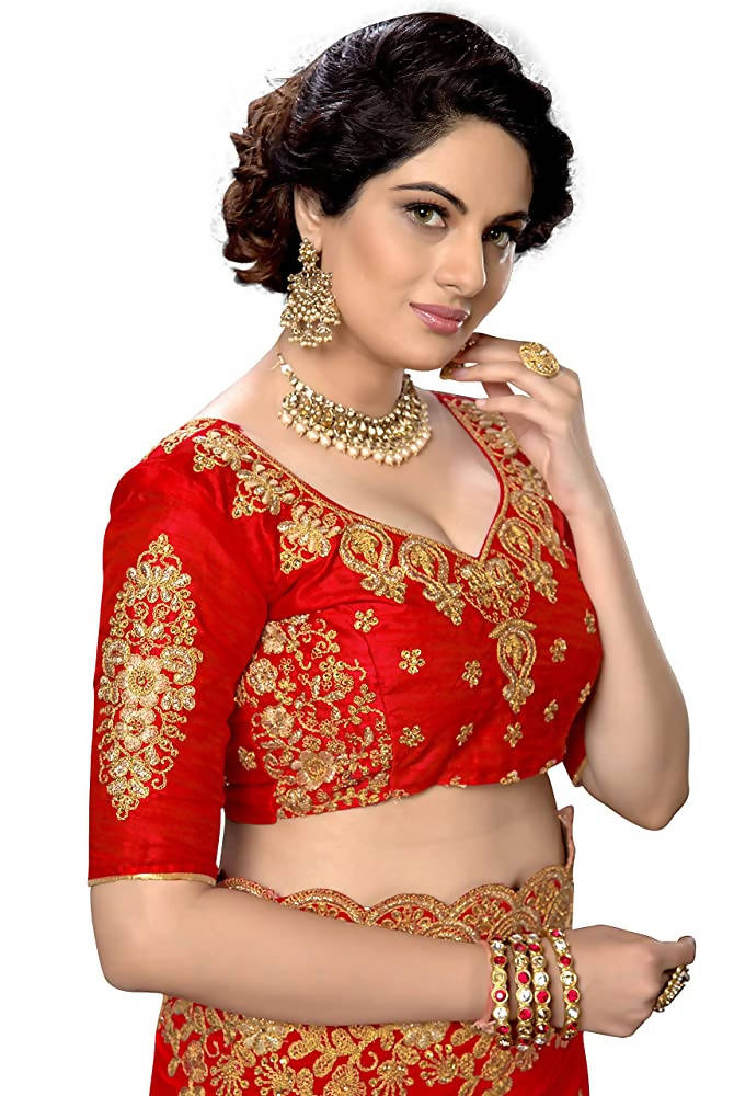 Sarvadarshi Fashion Women's Red Fabric Silk Heavy Work Embroidery Saree With Blouse Piece