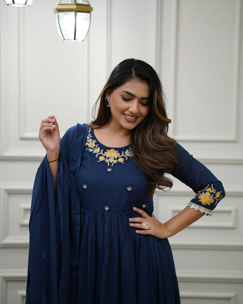 The52 Blue Women's Gorgeous Viscose Fabric Embroidered Work Flared Kurta Pant and Dupatta Set - Distacart