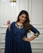 The52 Blue Women's Gorgeous Viscose Fabric Embroidered Work Flared Kurta Pant and Dupatta Set - Distacart