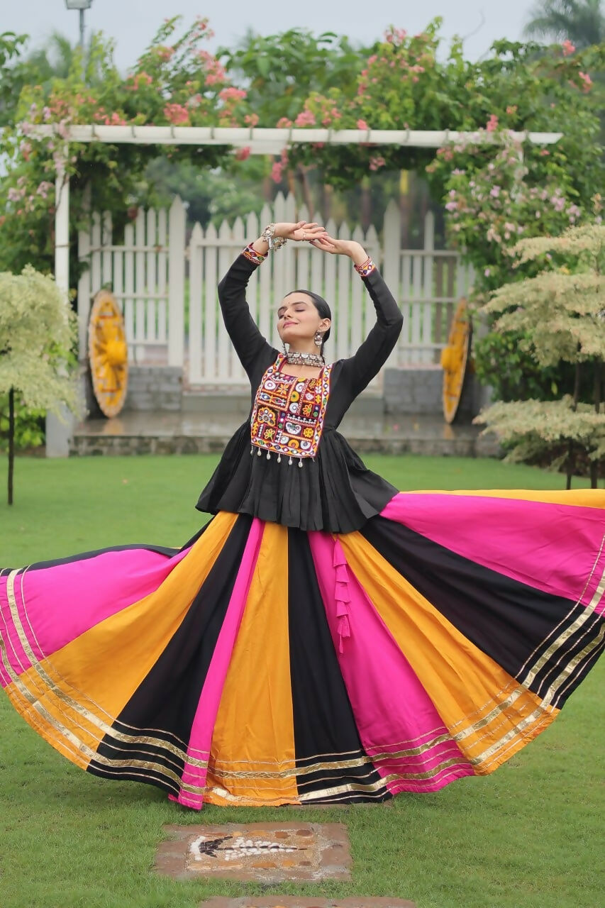 Teeya Creation Multi Colour Reyon Silk Gamathi Work Navratri lehenga Choli