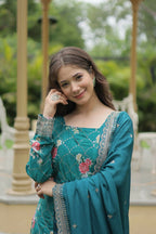 Vastranavya Premium Designer Printed With Sequins & Thread Embroidered work Kurti Palazzo & Dupatta - Firozi
