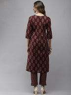 Yufta Women Maroon Ethnic Motifs Regular Sequinned Pure Cotton Kurta with Trouser