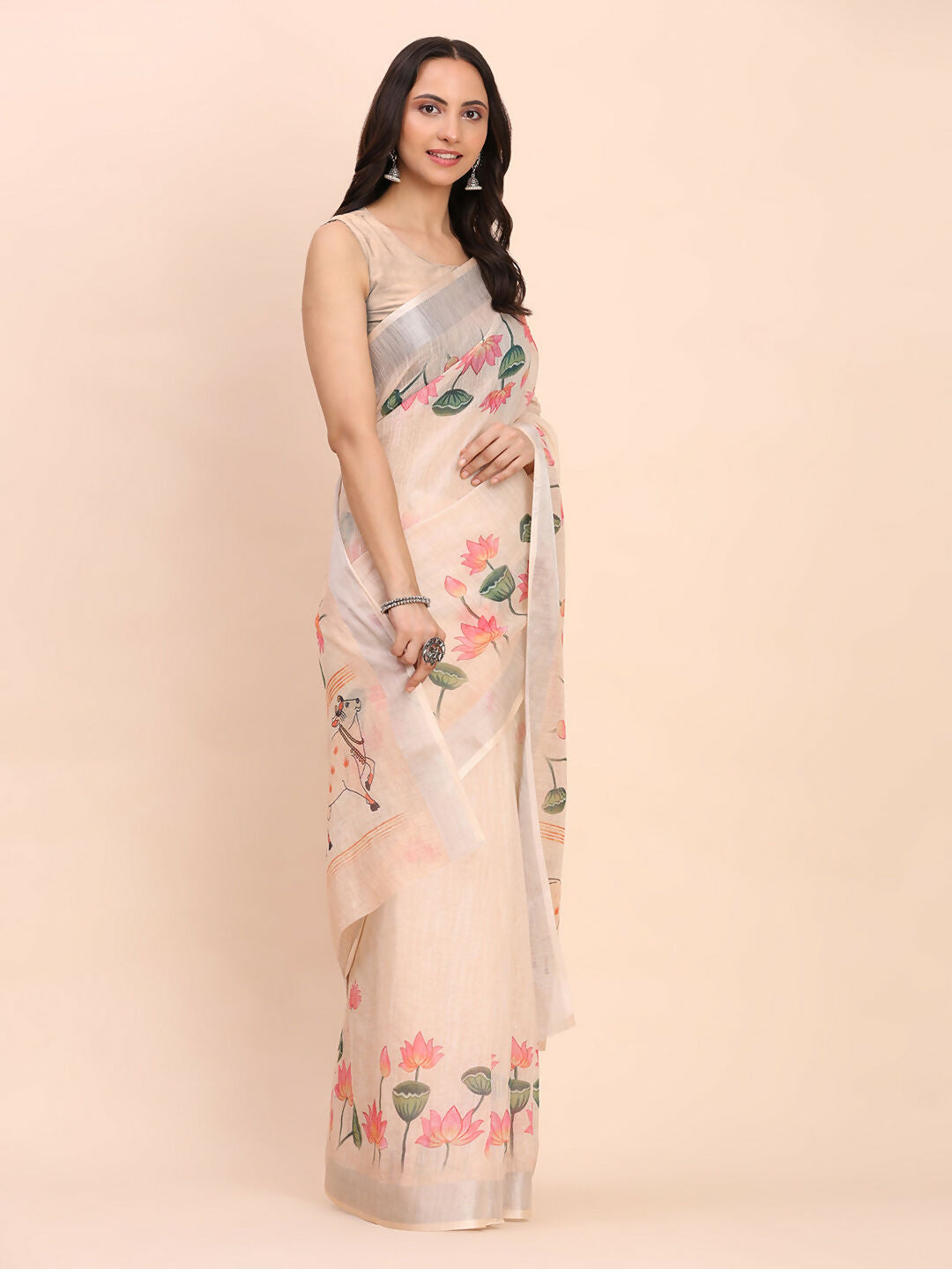 Shree Shyam Fashion Linen Cotton Peach Saree - Distacart