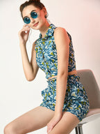 Myshka Women's Blue Printed Top With Shorts