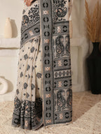 Shree Shyam Fashion Linen Cotton Black & Cream Saree - Distacart
