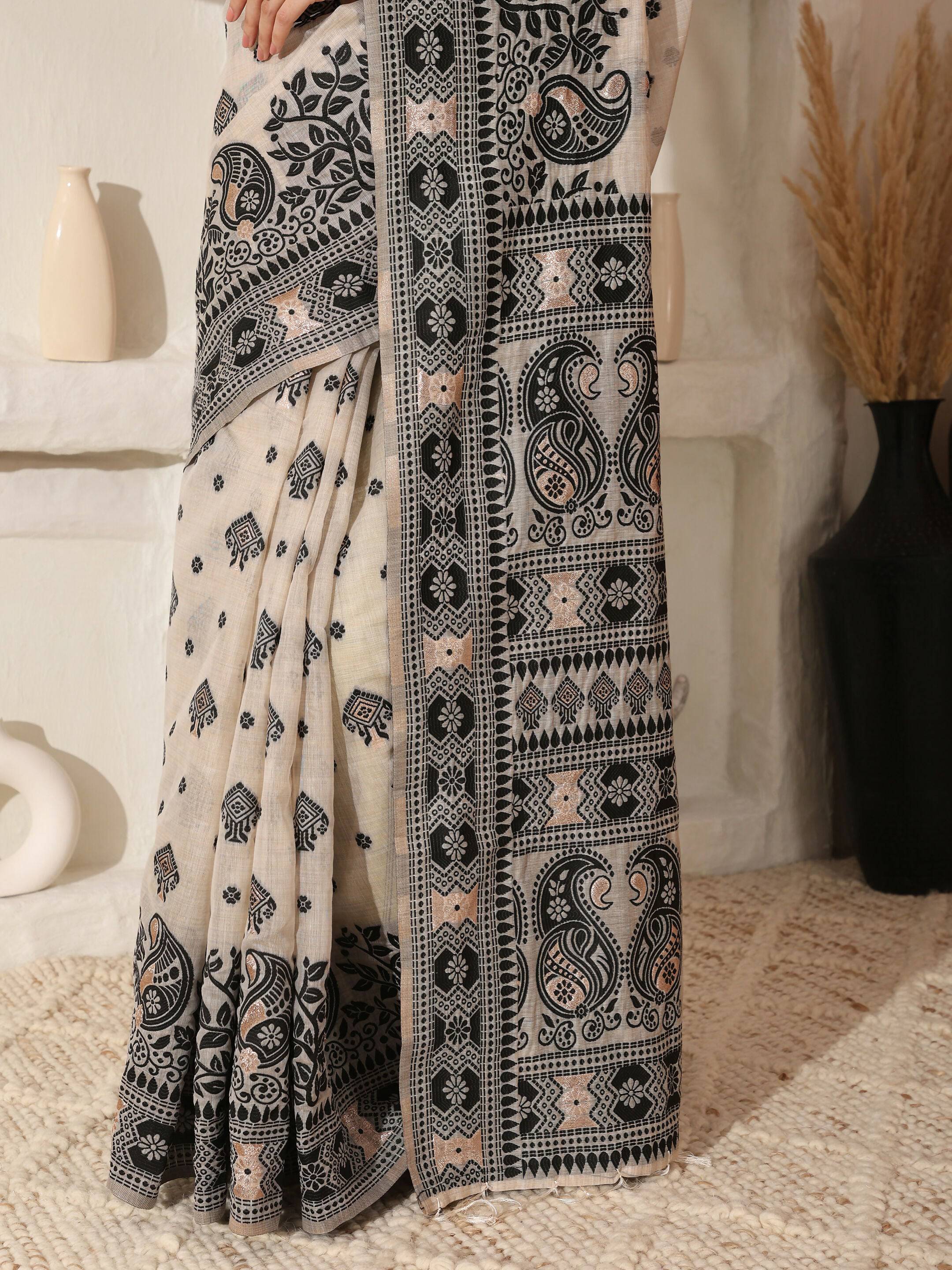 Shree Shyam Fashion Linen Cotton Black & Cream Saree - Distacart