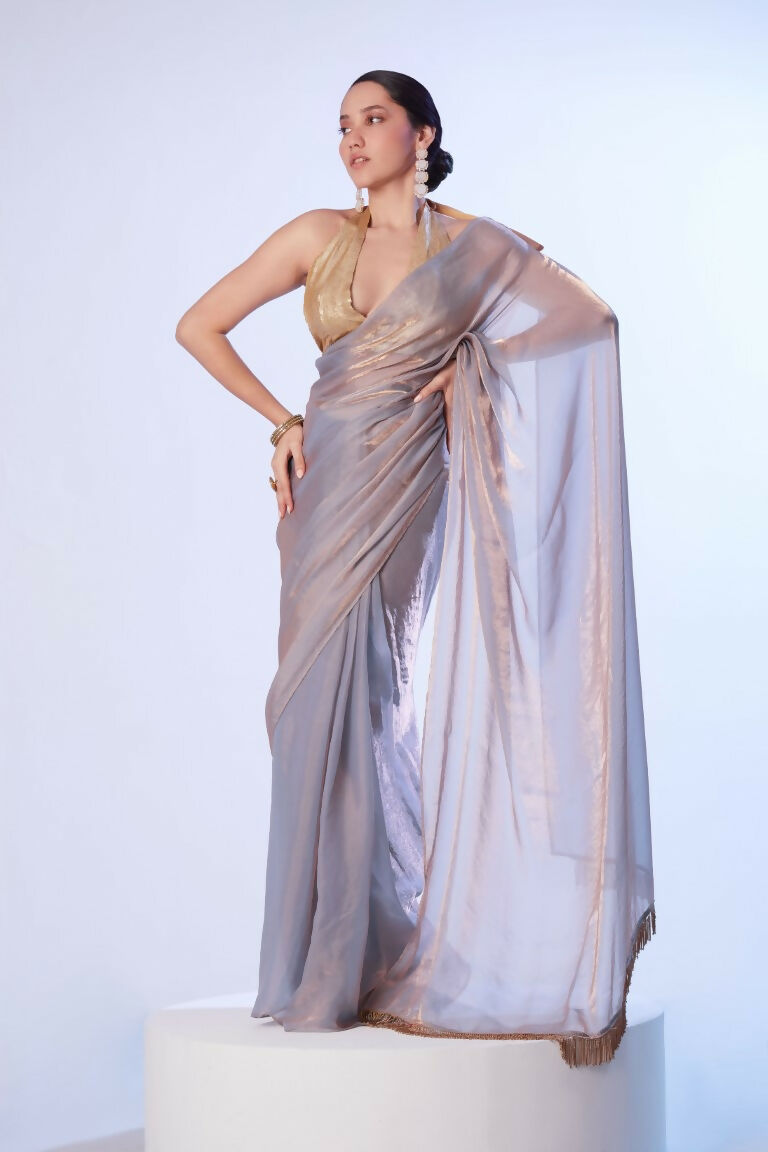 Lavender Satin Gold Organza Solid Designer & Lace Work Saree - Samaa