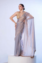 Lavender Satin Gold Organza Solid Designer & Lace Work Saree - Samaa