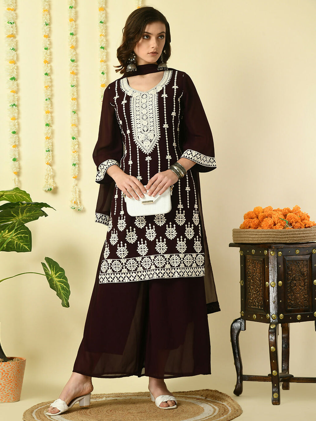 Myshka Women's Coffee Brown Georgette Kurta & Palazzos With Dupatta Party Sets