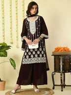 Myshka Women's Coffee Brown Georgette Kurta & Palazzos With Dupatta Party Sets