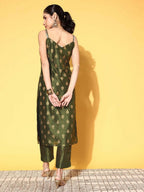 Ahalyaa Women's Olive Colour Poly Silk Gold Printed Kurta Pant Set - Distacart