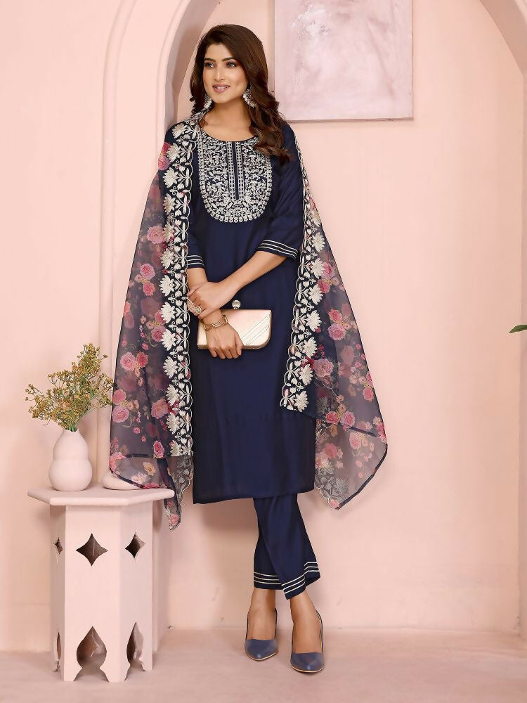 Joban Fashion Women Navy Blue Roman Embroidery Stitched Kurta Set - Distacart