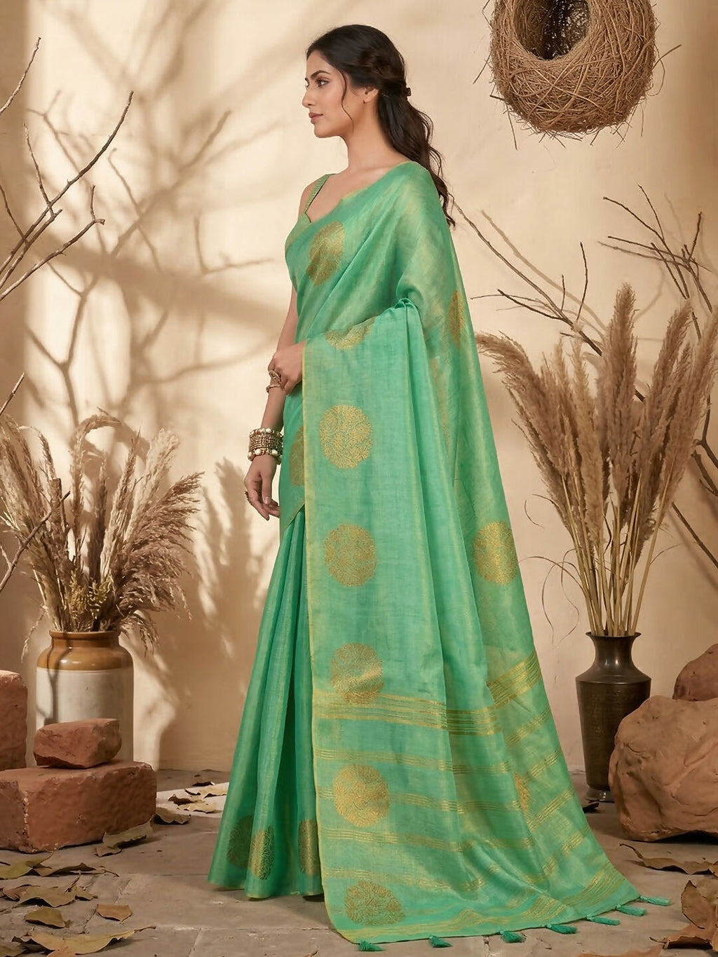Shree Shyam Fashion Green Tissue Silk Saree - Distacart
