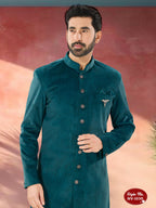 Joban Fashion Men's Blue Straight Swed Velvet Thread & Sequence Embroidery All Over Indo-Western Kurta Set