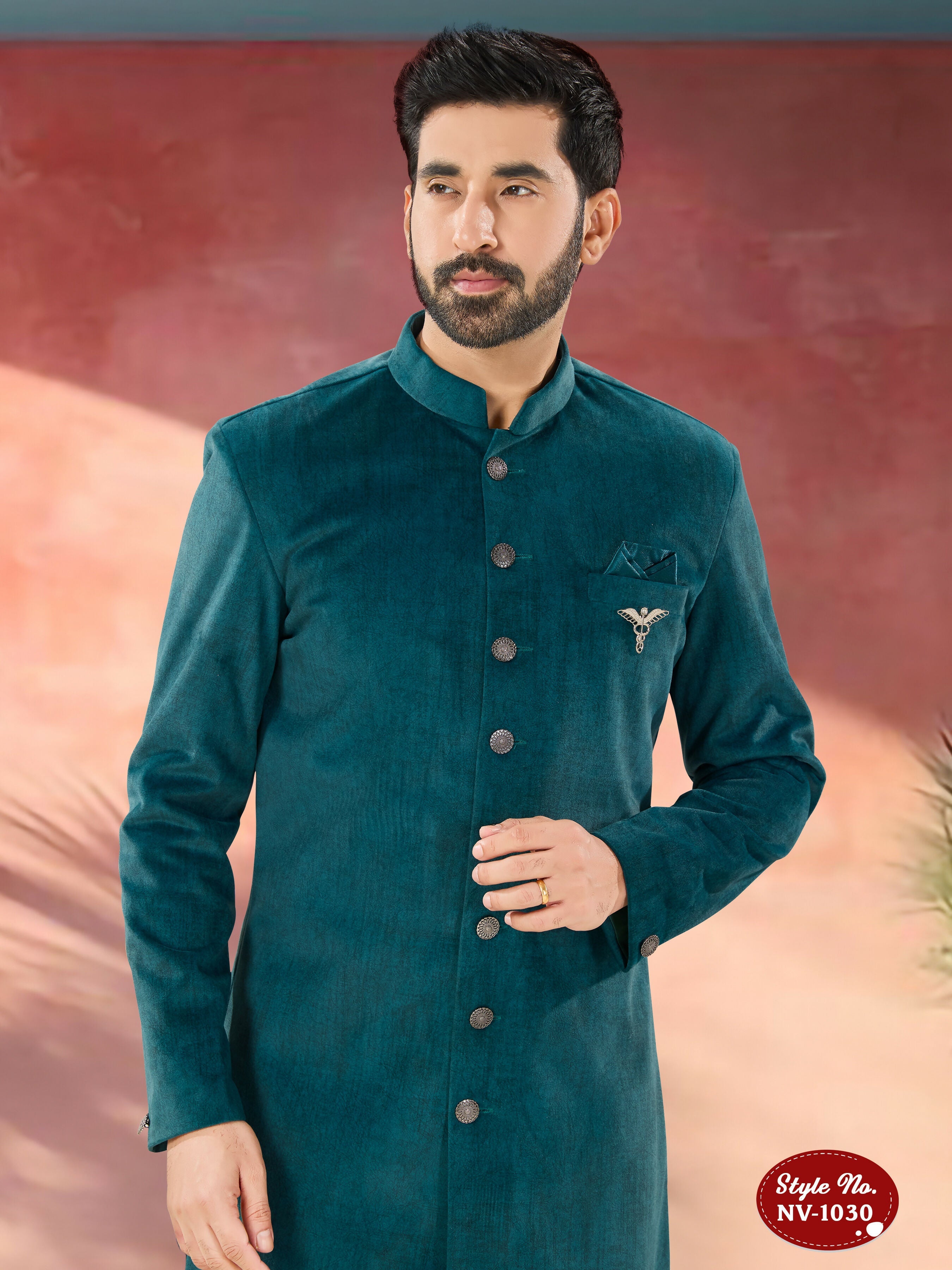 Joban Fashion Men's Blue Straight Swed Velvet Thread & Sequence Embroidery All Over Indo-Western Kurta Set