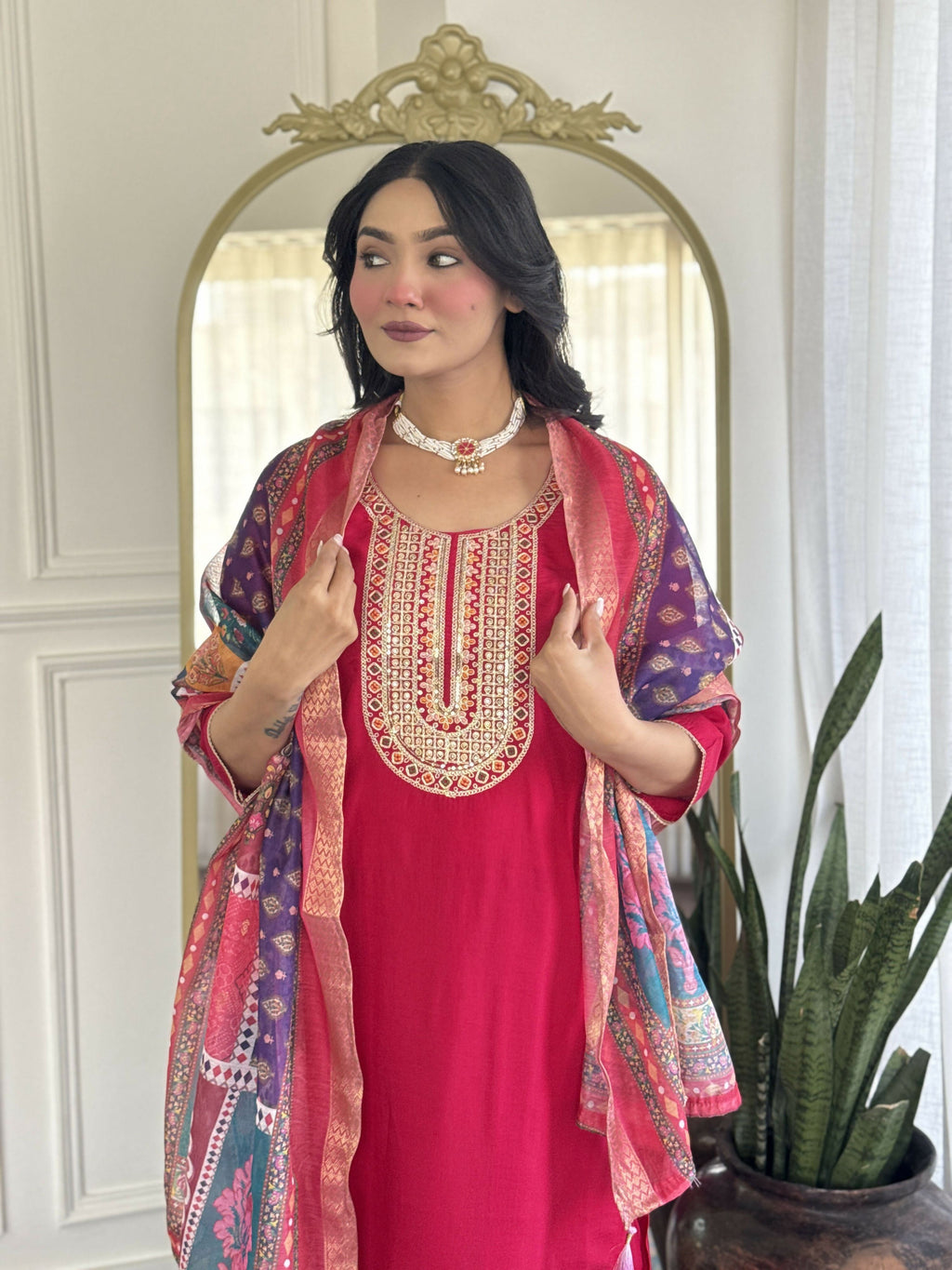 The52 Rani Gorgeous Embroidered Chanderi Silk Fabric Straight Kurta Pant with Dupatta Set - Distacart