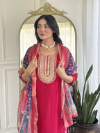 The52 Rani Gorgeous Embroidered Chanderi Silk Fabric Straight Kurta Pant with Dupatta Set - Distacart