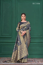 Blue Tussar Silk Jacquard Abstract Digital Print Saree with Unstitched Blouse - Mohira